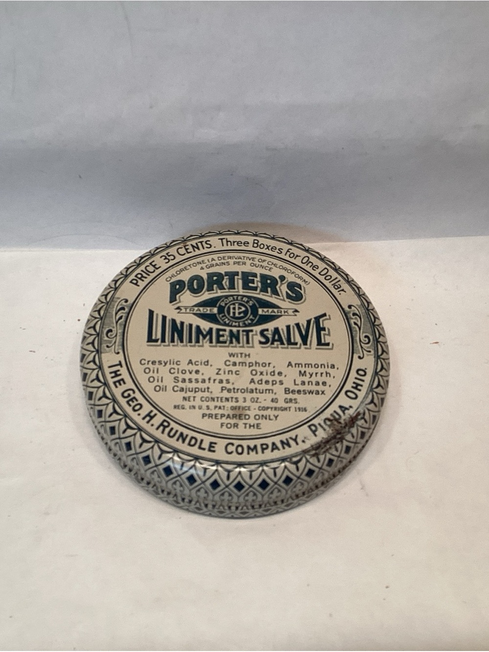 Porter's Liniment Salve Vintage Tin George Rundle Co, Piqua, Ohio